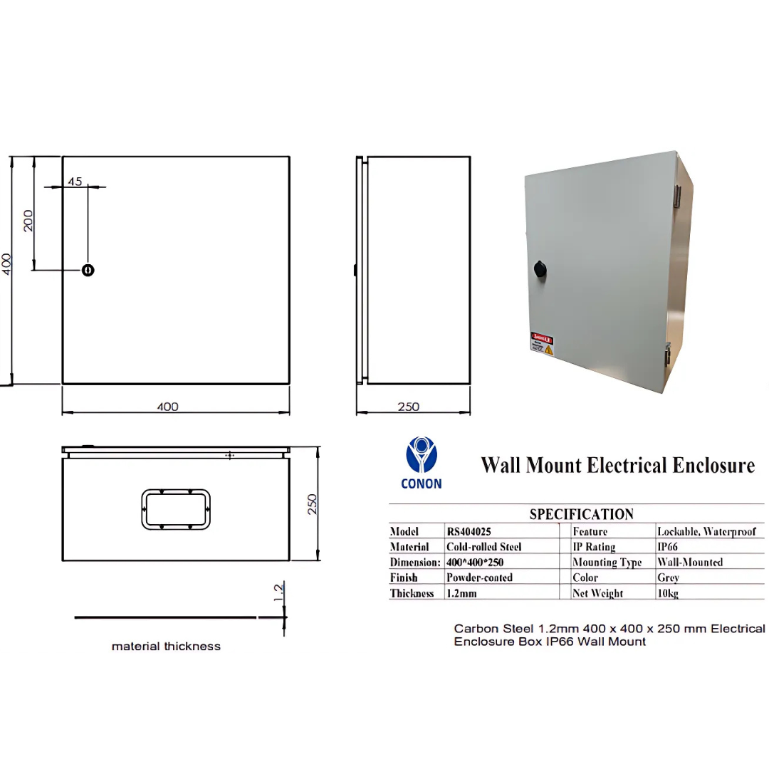 1.2mm Carbon Steel Electrical 400 x 400 x 250 mm Enclosure Box