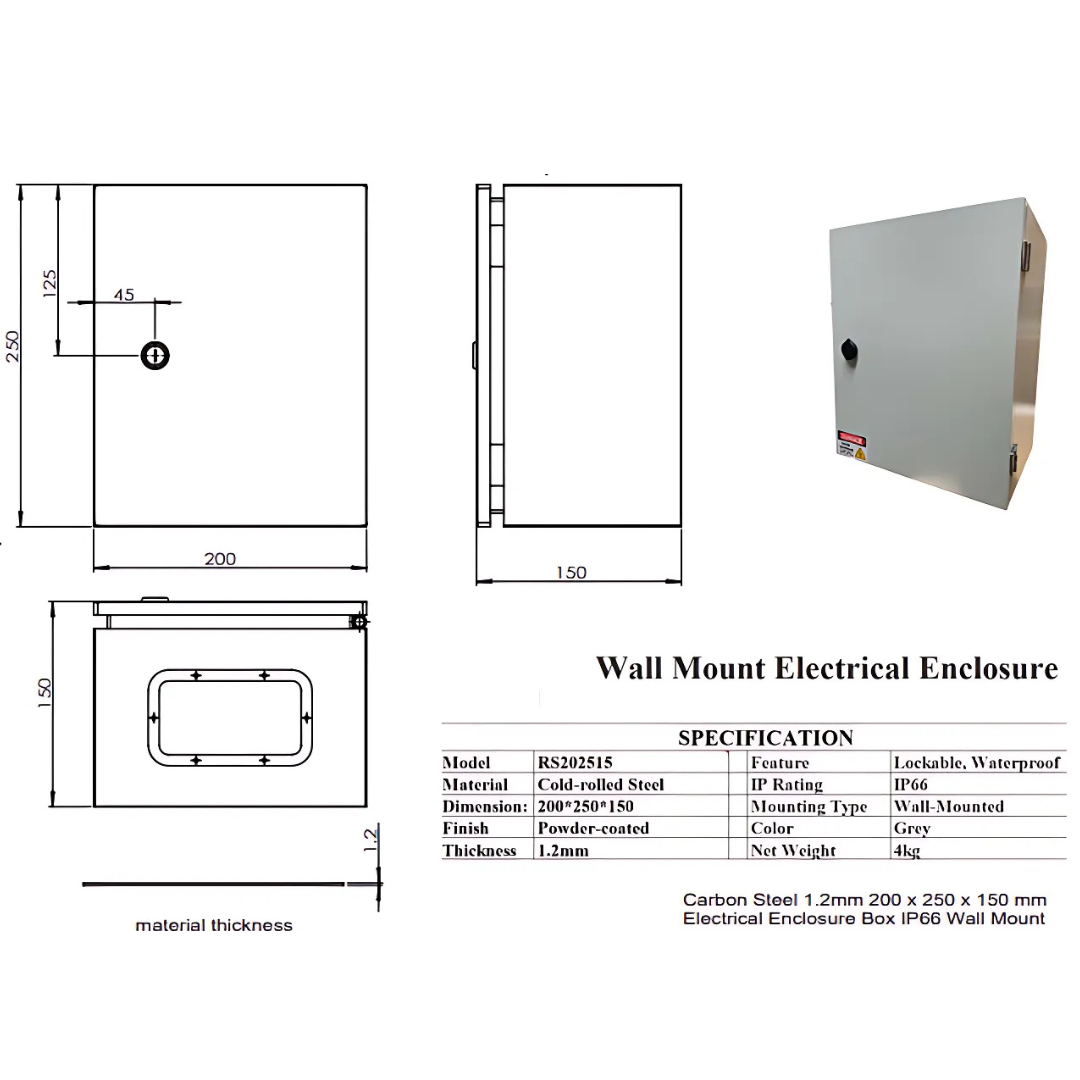 1.2mm Carbon Steel Electrical Enclosure Box 200 x 250 x 150mm Compact & Durable