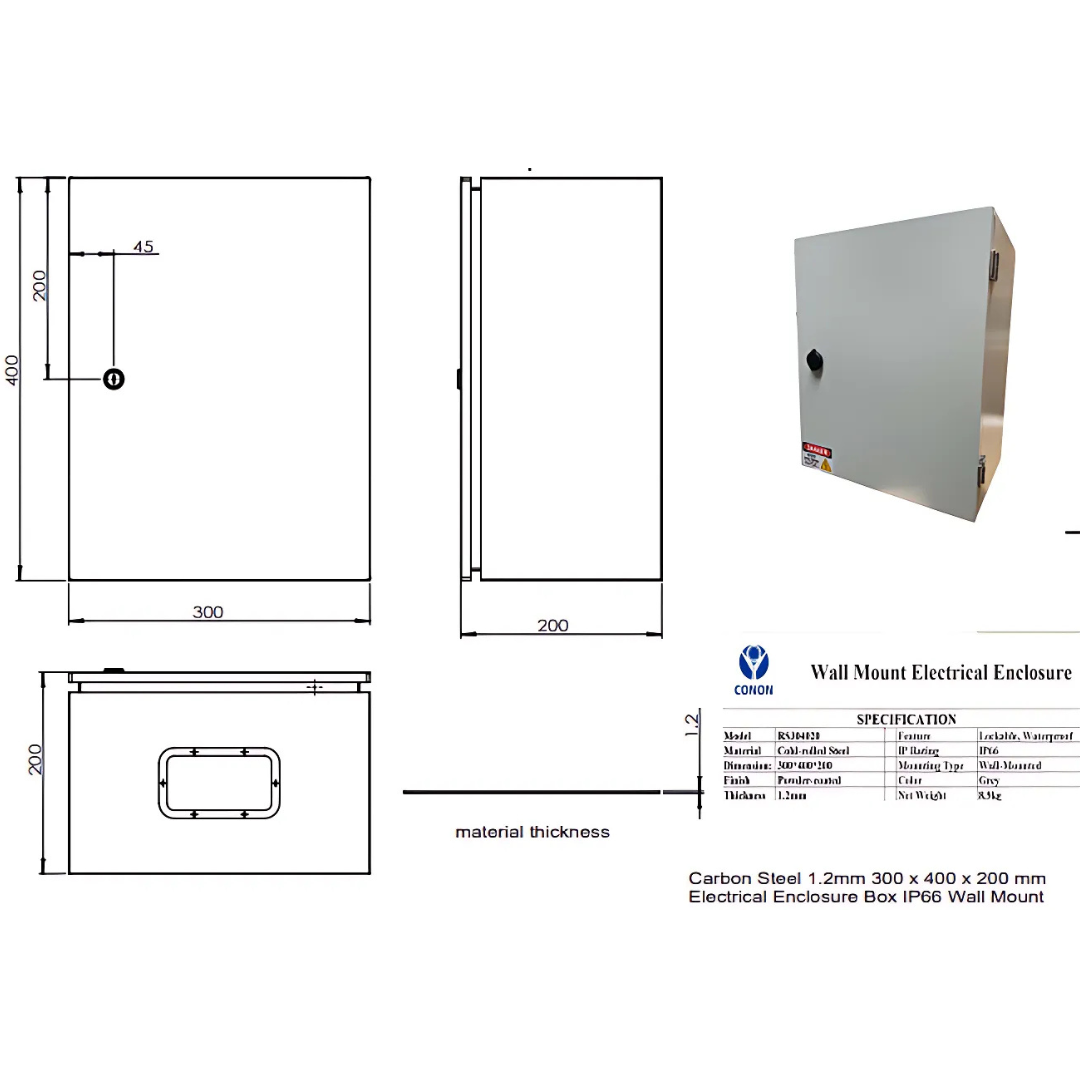 Heavy Duty 1.2mm Carbon Steel Electrical Enclosure Box 300 x 300 x 200mm