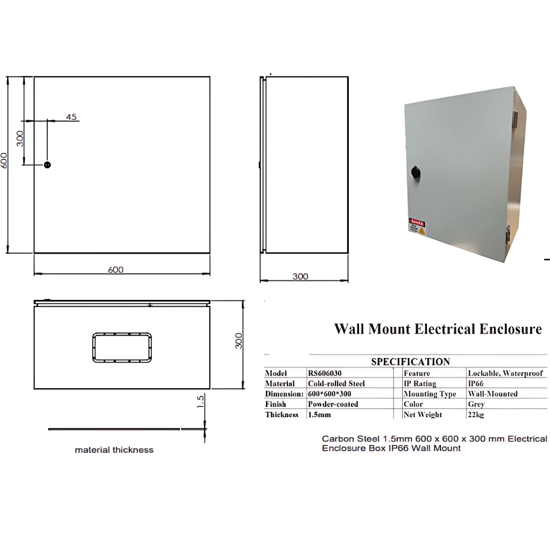 1.5mm Carbon Steel Electrical 600 x 600 x 300 mm Enclosure Box