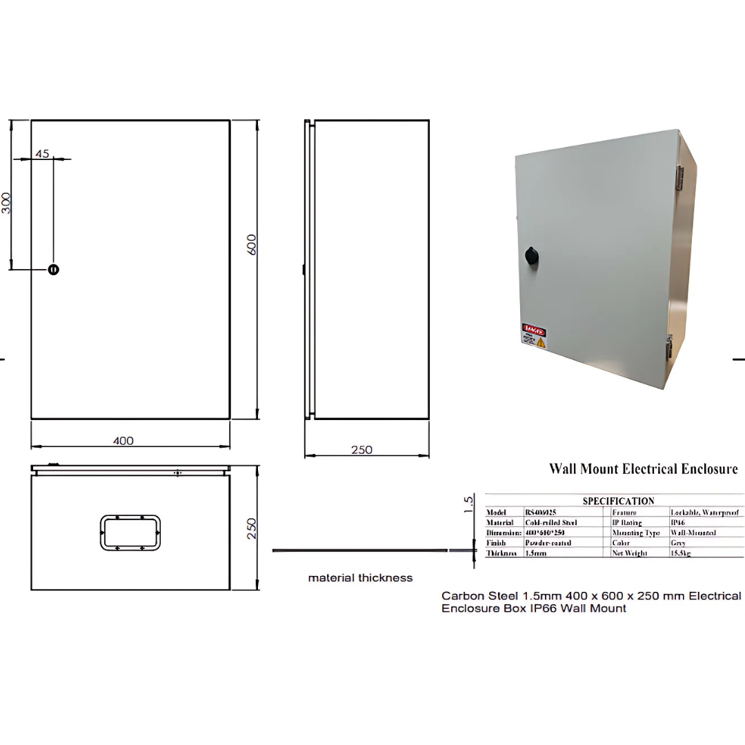1.5mm Carbon Steel Electrical Enclosure Box 400 x 600 x 250mm IP66