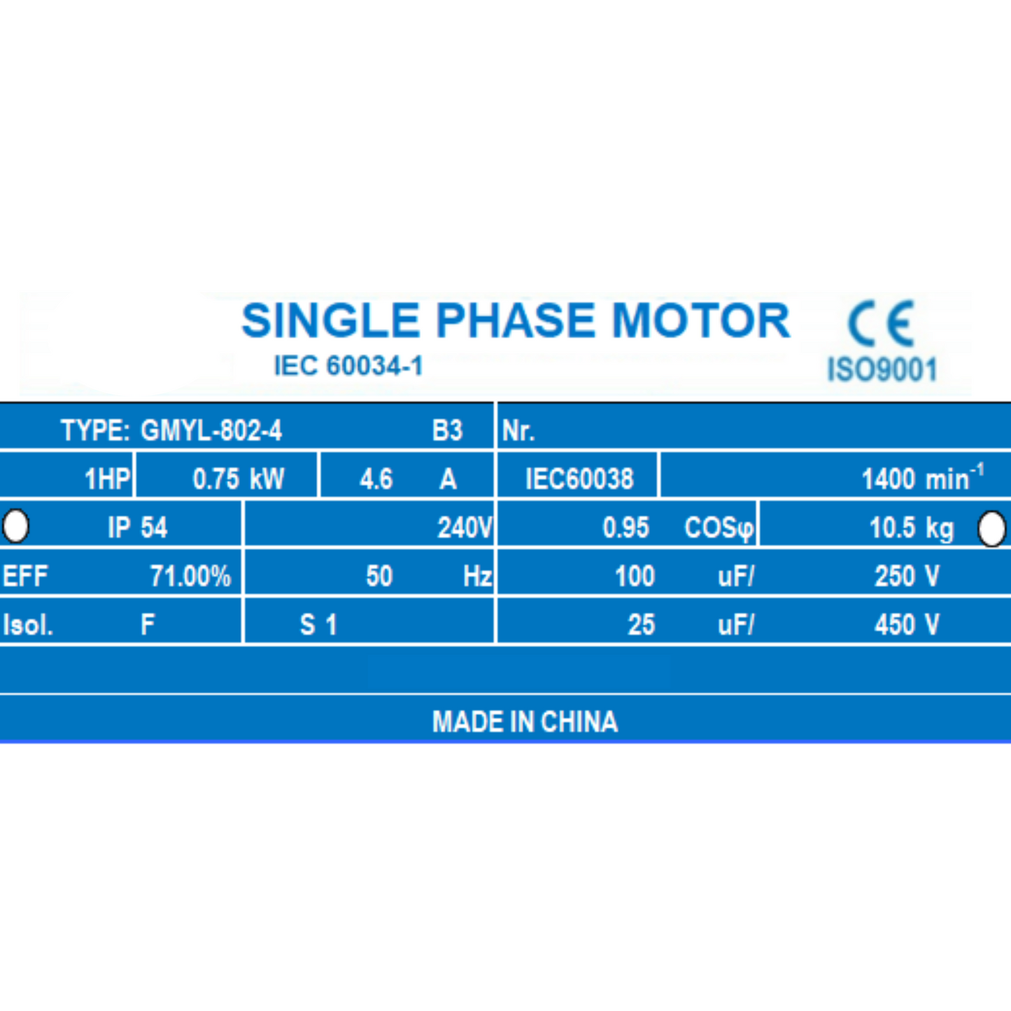 1HP 0.75kW Electric Motor 1400RPM Single Phase 240V 19mm Shaft for Pump Drives