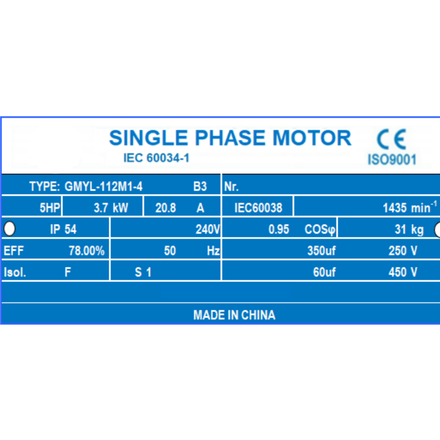 3.7kW 5HP 1400RPM Single Phase 240V Electric Motor with 28mm Shaft