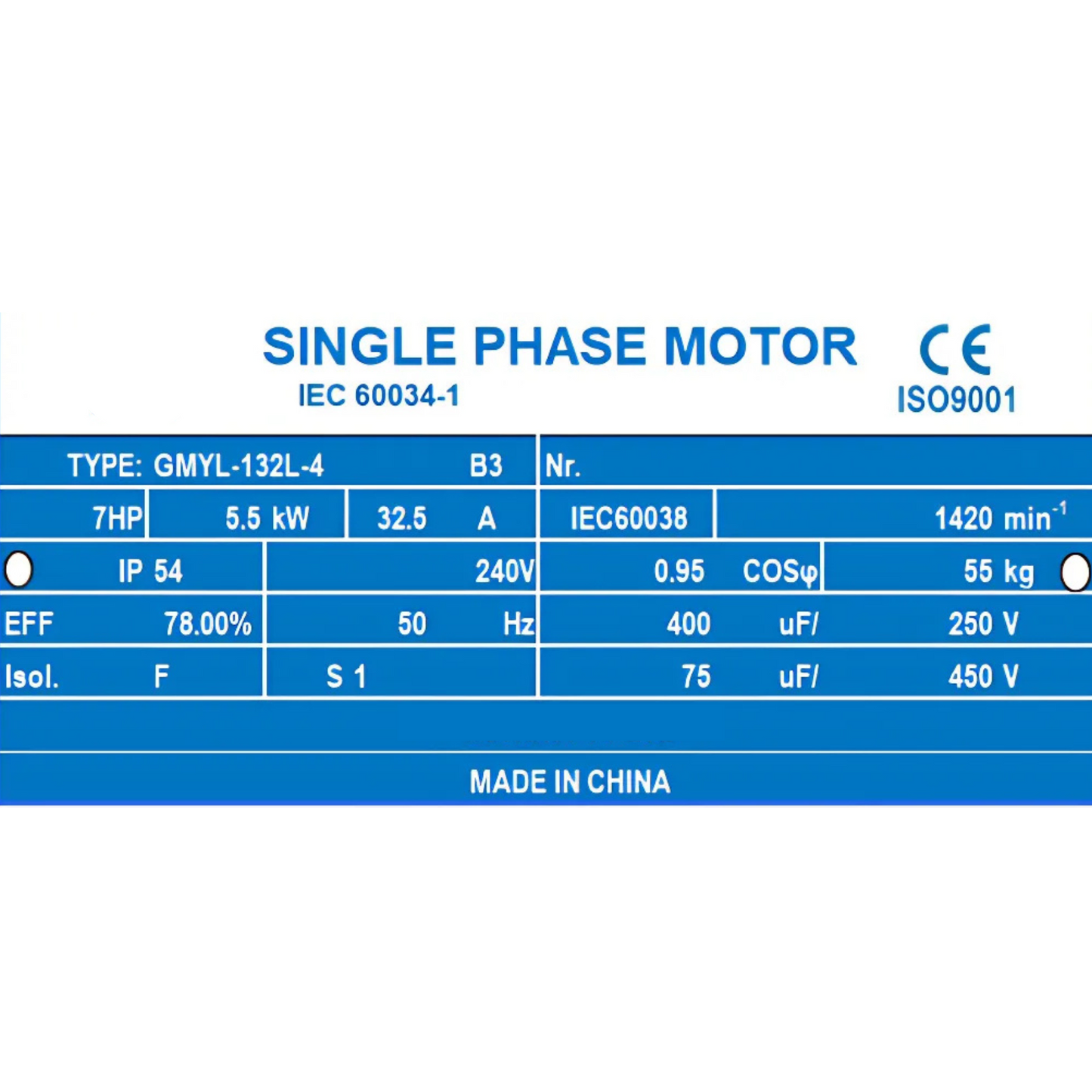 5.5kW 7HP Electric Motor Single Phase 240V 1400RPM 38mm Shaft