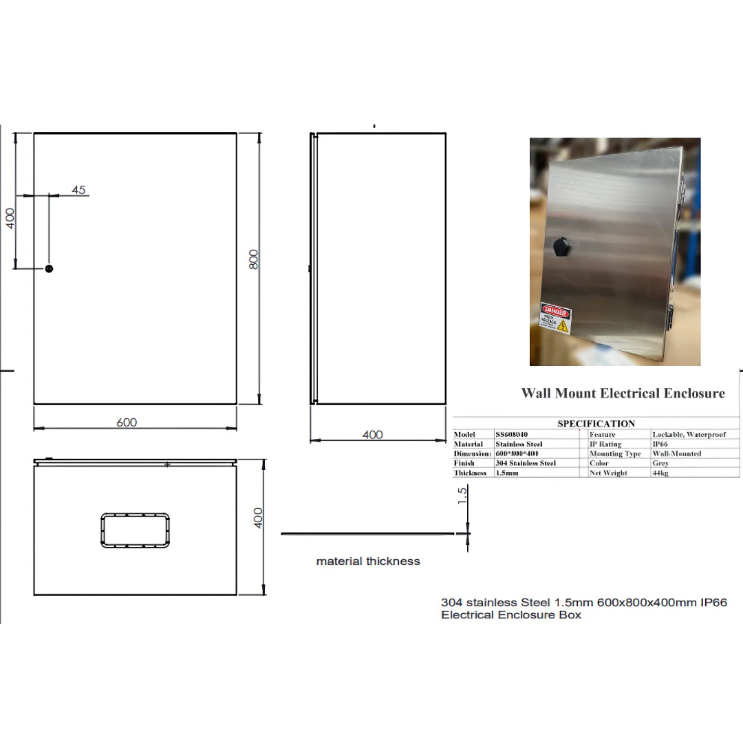 600 x 800 x 400mm 304 Stainless Steel Electrical Enclosure Box