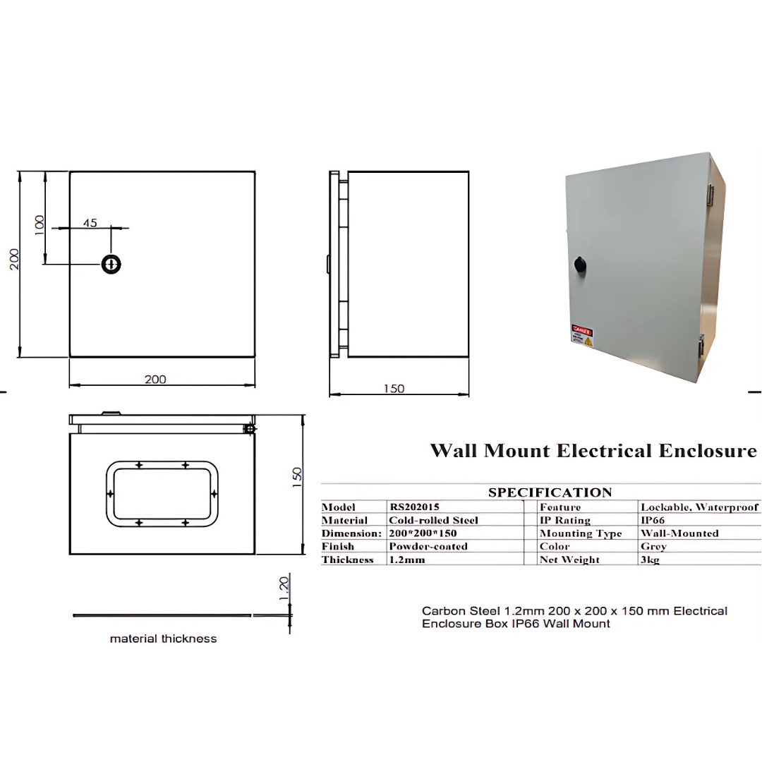 Carbon Steel Electrical Enclosure Box 200 x 200 x 150mm IP66 Rated