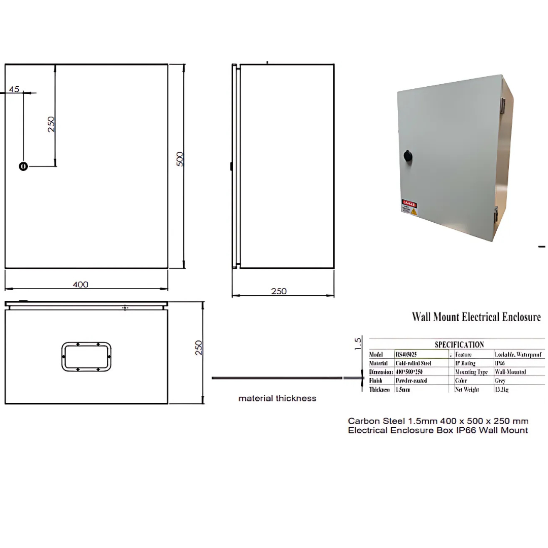 Carbon Steel Electrical Enclosure Box 400 x 500 x 250mm Dust & Water Proof