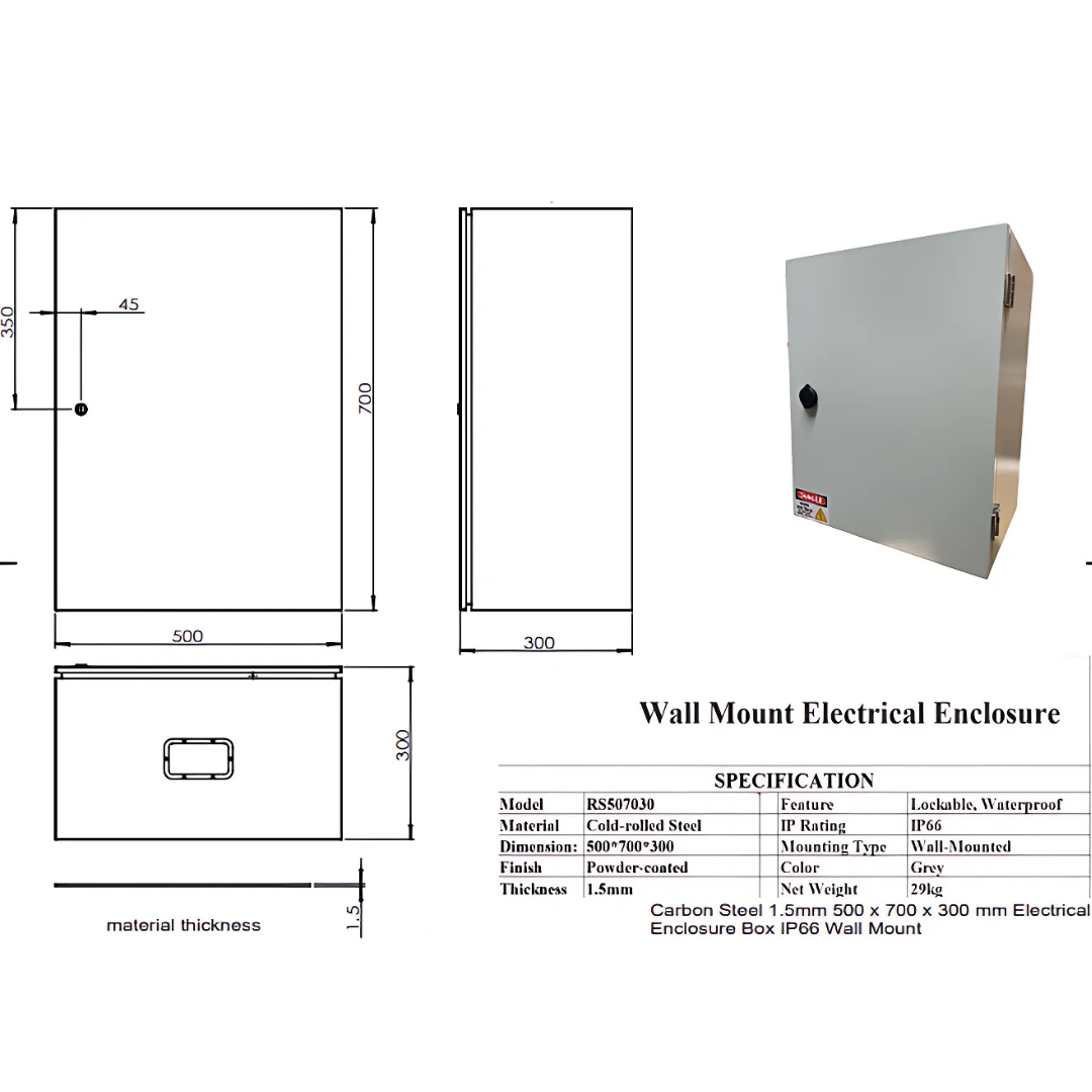 Carbon Steel Electrical Enclosure Box 500 x 700 x 300 mm IP66