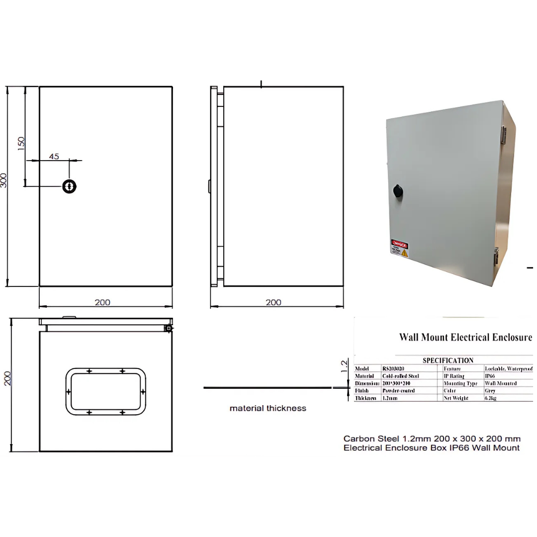 IP66 Rated 1.2mm Carbon Steel Electrical Enclosure Box 200 x 300 x 200mm