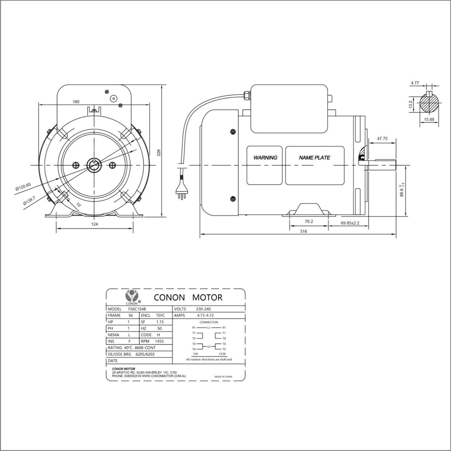 Single Phase NEMA Electric Motor 240V 0.75kW 1HP 1400rpm FRAME 56 1Ph CSCR 5/8"