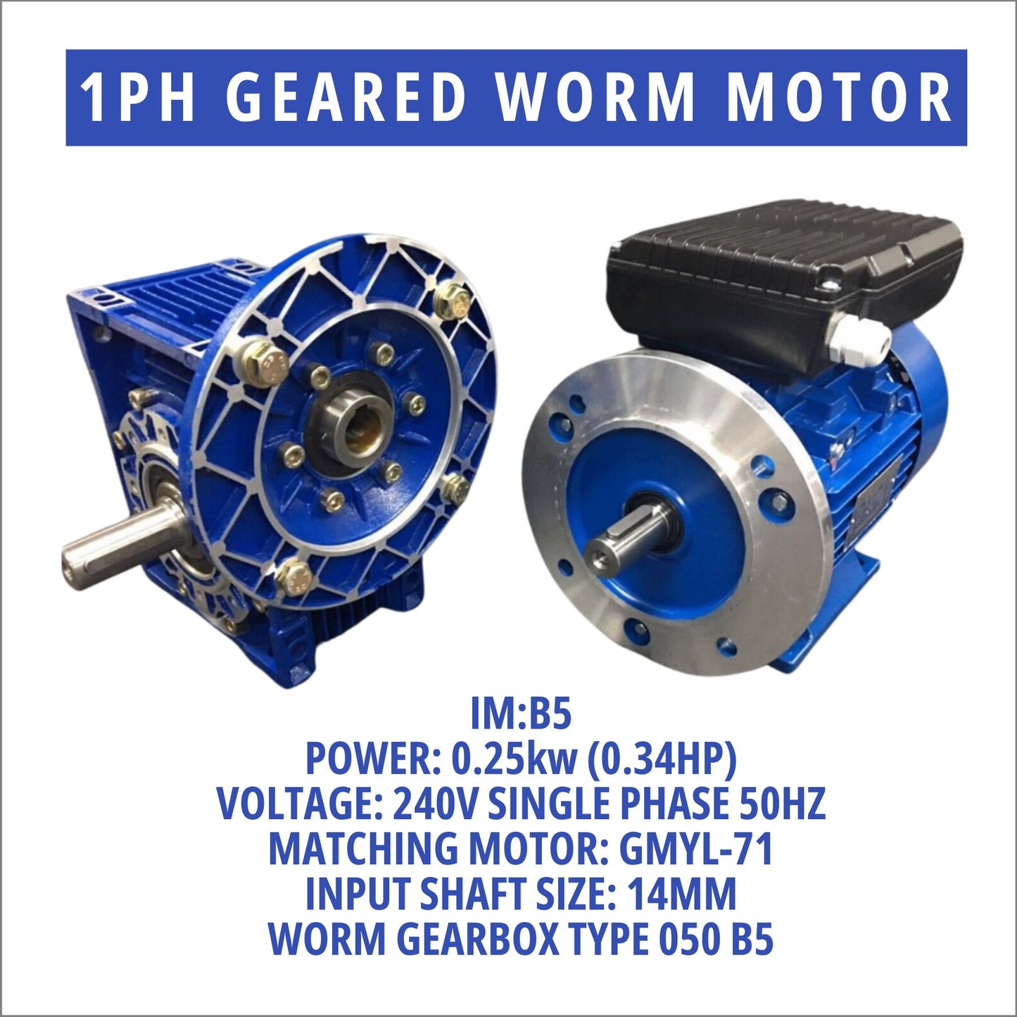 Single Phase 0.25kW 0.34HP 1400rpm Electric Motor & Worm Gearbox Type 050