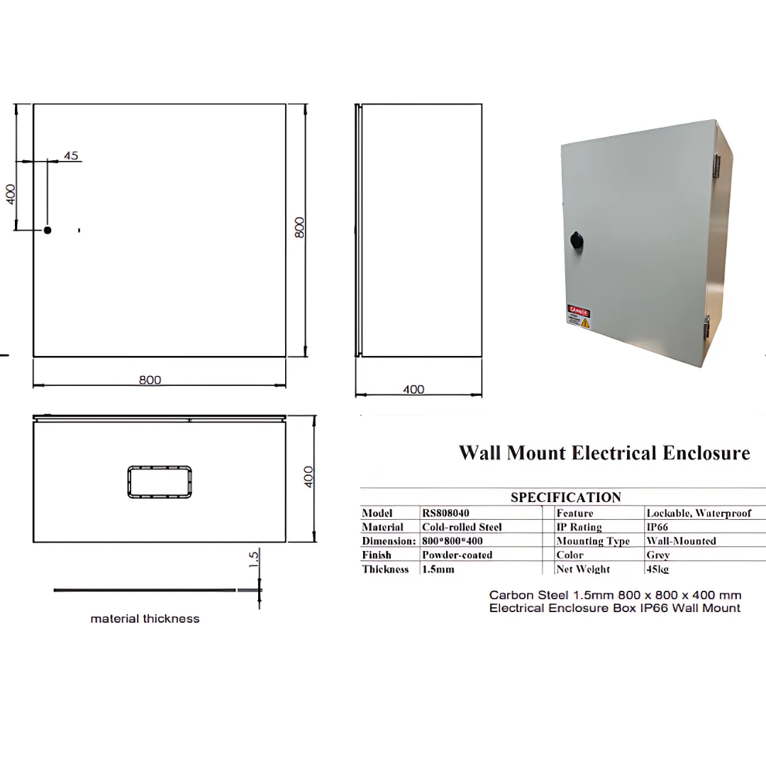 1.5mm Carbon Steel Electrical Enclosure Box 800 x 800 x 400 mm IP66 Wall Mount