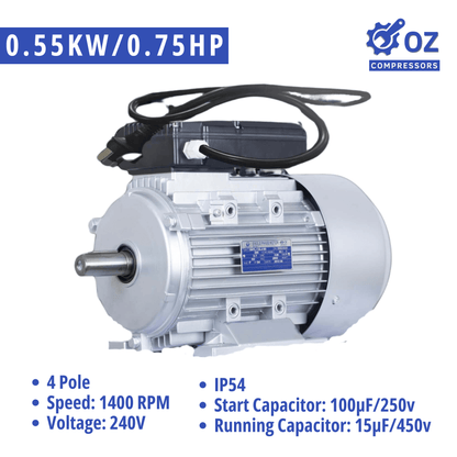 0.55kW 0.75HP 1400RPM Single Phase Motor Reversible 4-Pole 240V with Cable