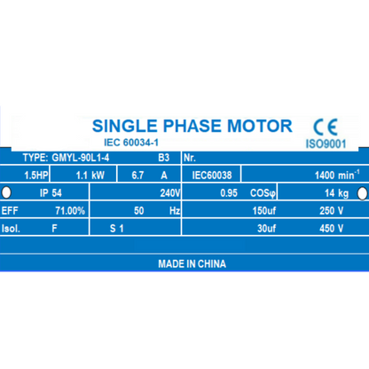 1.1kW 1.5HP 1400RPM Electrical Motor Single-Phase 240V 24mm Shaft Size