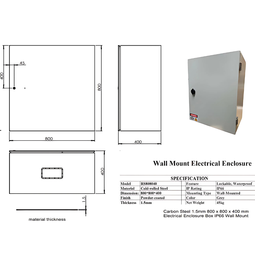 1.5mm Carbon Steel Electrical Enclosure Box 600 x 800 x 400mm IP66 Wall Mount