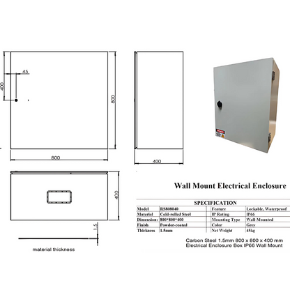 1.5mm Carbon Steel Electrical Enclosure Box 600 x 800 x 400mm IP66 Wall Mount