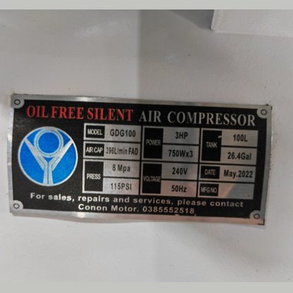 100L Oil-Free Air Compressor 3HP 2.2KW 11CFM 8BAR 115PSI