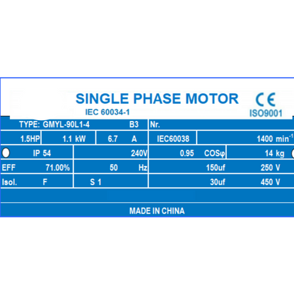1kW 1.5HP Compressor Motor 1400RPM 5/8" 16mm Shaft Single Phase 240V Dual Caps