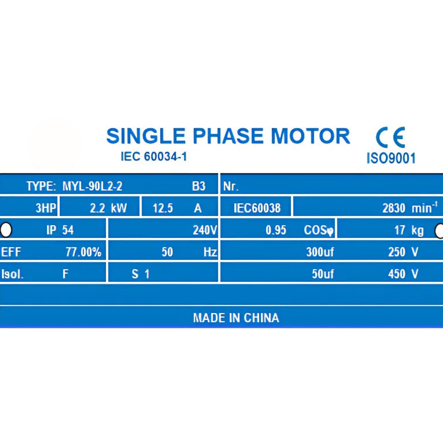 2.2kW 3HP 2800rpm Compressor Motor Single Phase 240V 19mm Shaft Dual Capacitors