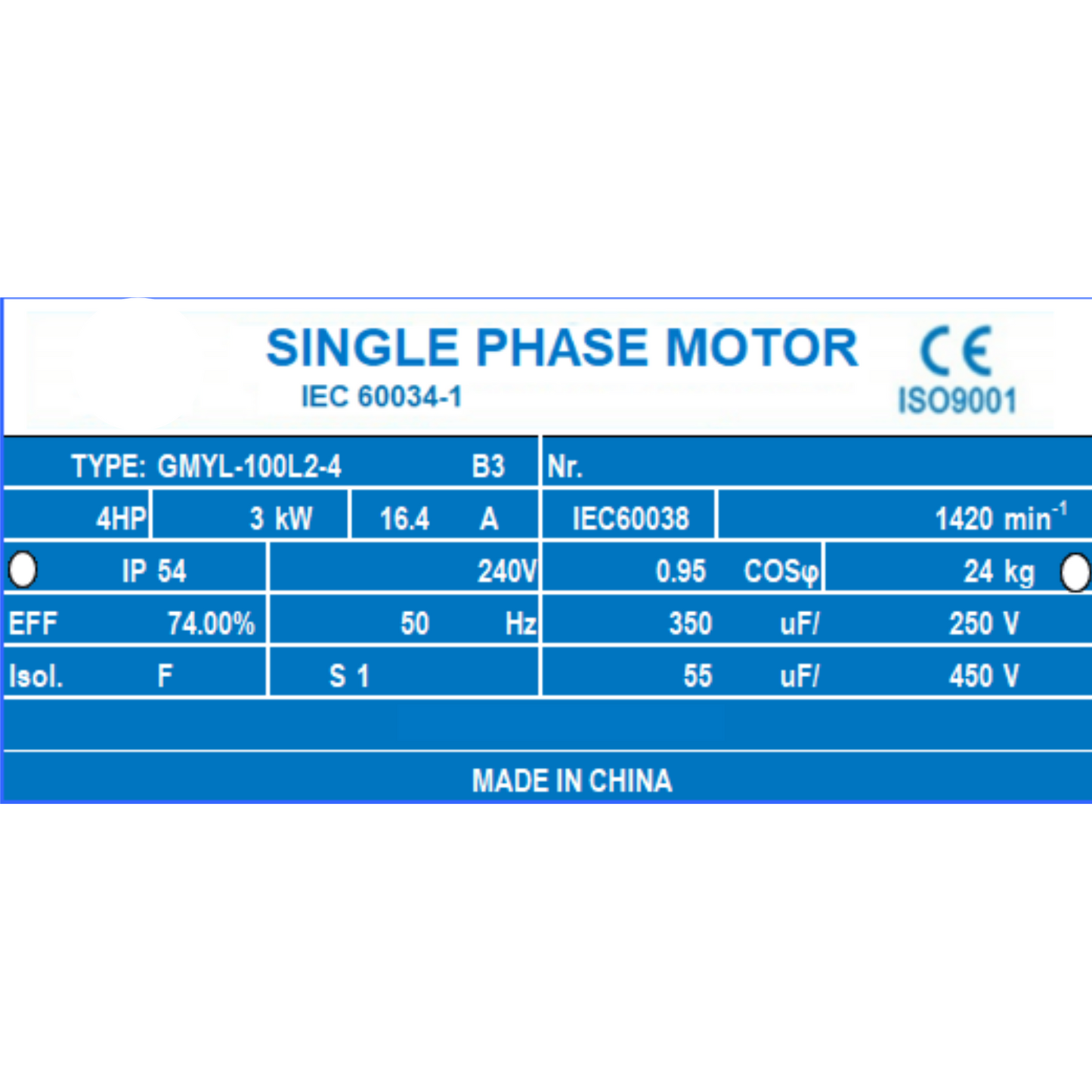 3kW 4HP Electric Motor 1400RPM Single Phase 240V 28mm Shaft