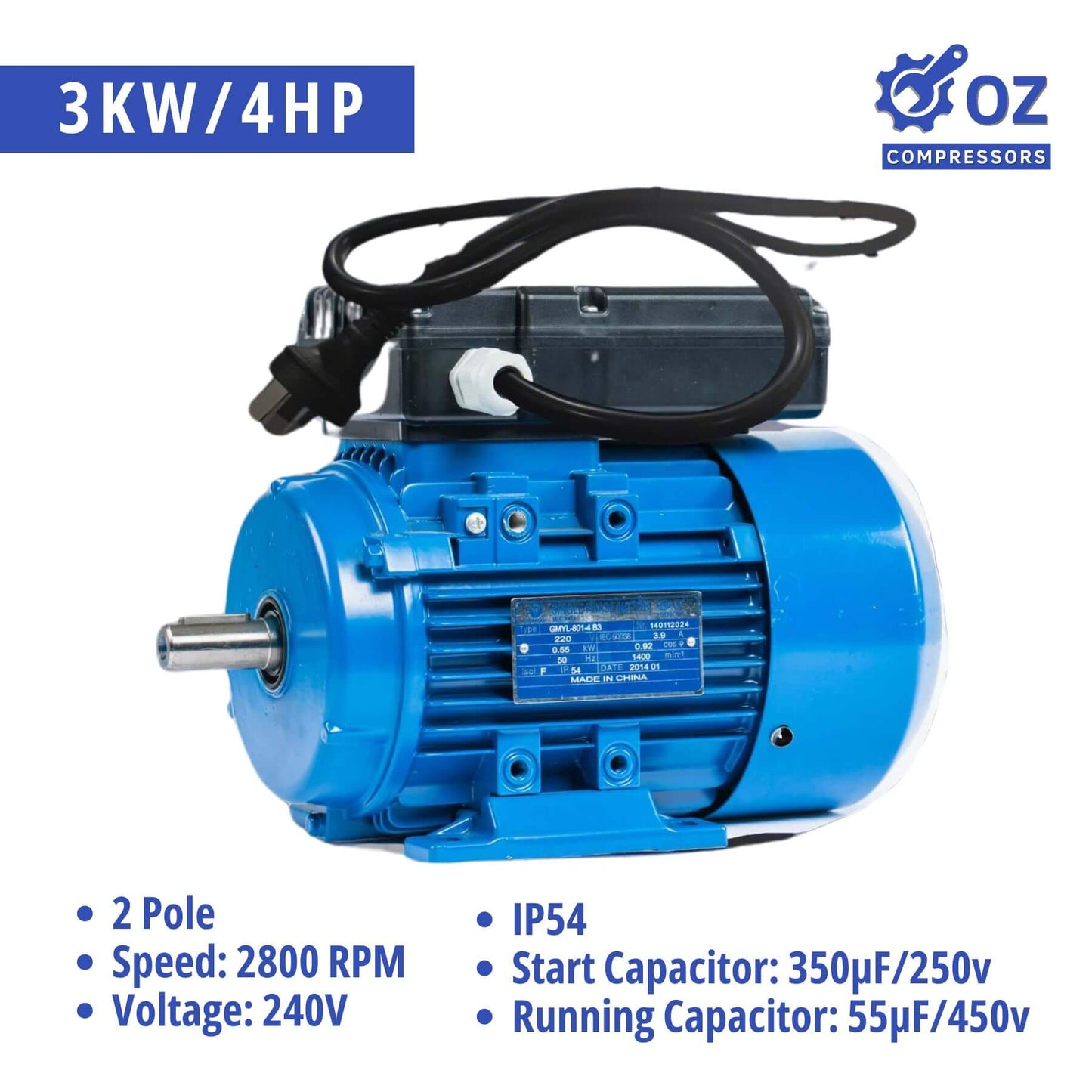 3kW 4HP Reversible 2-Pole Motor, 2800 RPM 240V with Cable