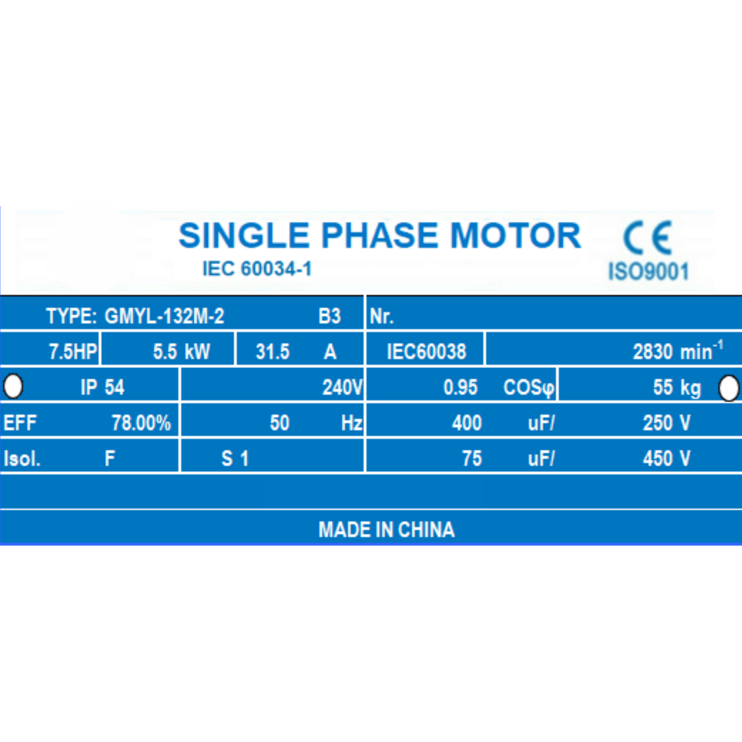 5.5kW 7.5HP Single-Phase Electrical Motor 2800RPM 38mm Shaft 240V